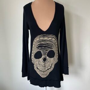 Lauren Moshi Chain Skull Graphic Long Sleeve Black Cotton Modal V-Neck Top Sz S